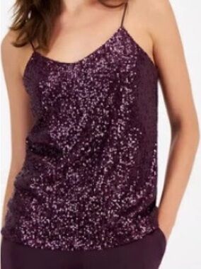 Anne Klein Sequined Spaghetti Strap Tank - Deep Plum